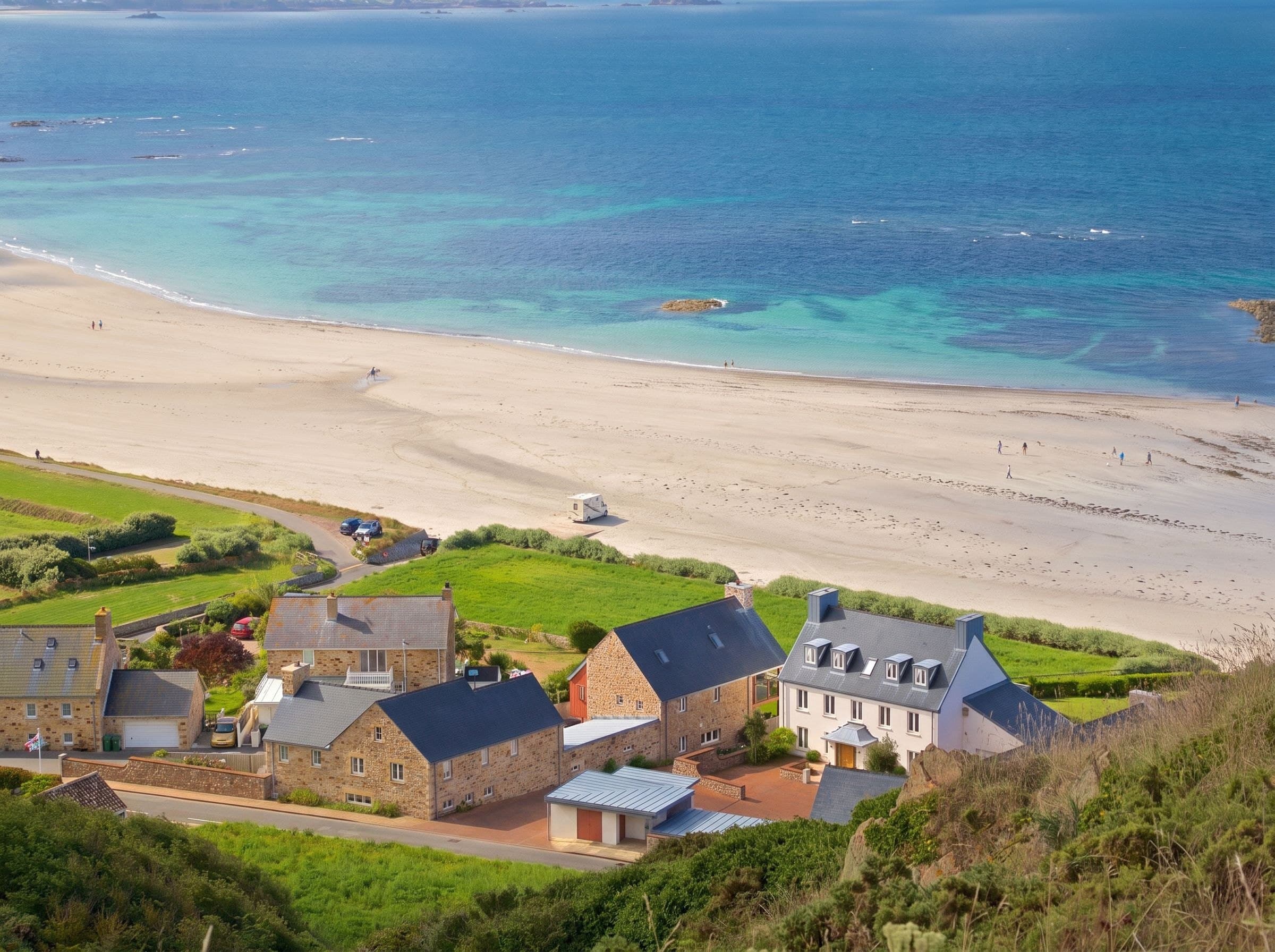 White-rendered and stone homes above a sweeping Jersey beach, with turquoise water beyond — where the Stoneswood story began