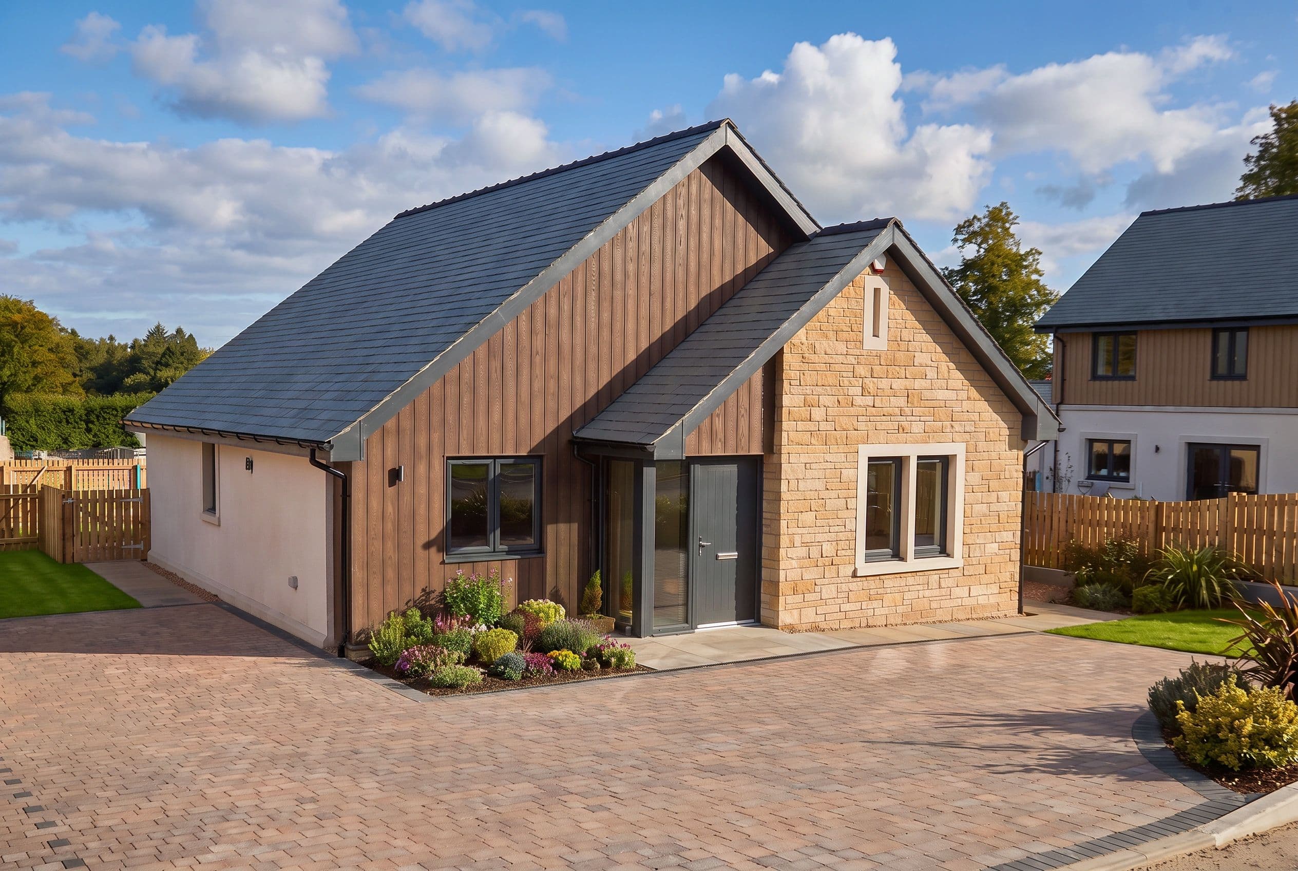A single-storey Hackthorpe home in slate, timber and local stone with planted borders