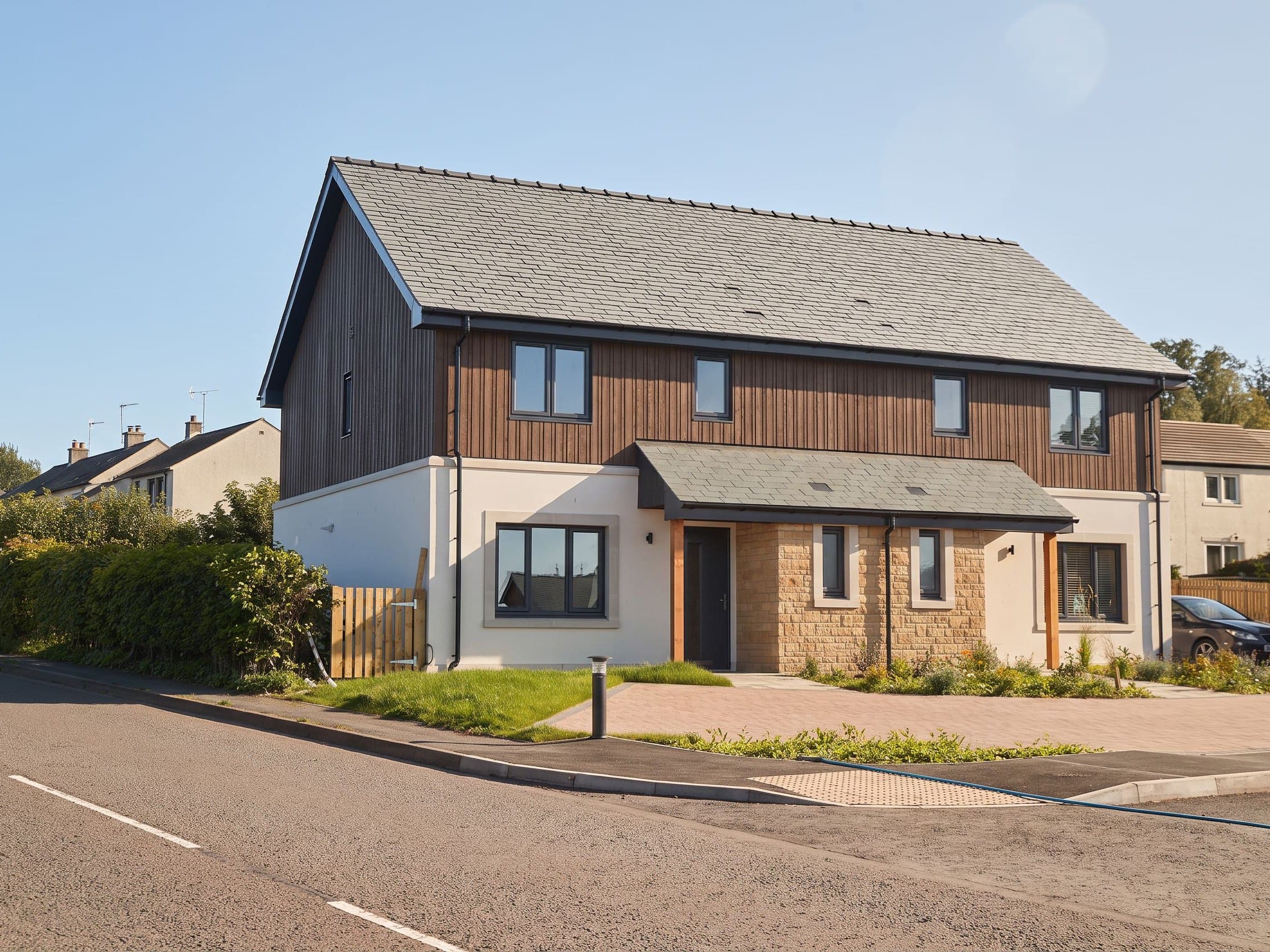 A pair of semi-detached Hackthorpe homes — dark timber cladding over white render, with a slate roof and stone-flanked porch