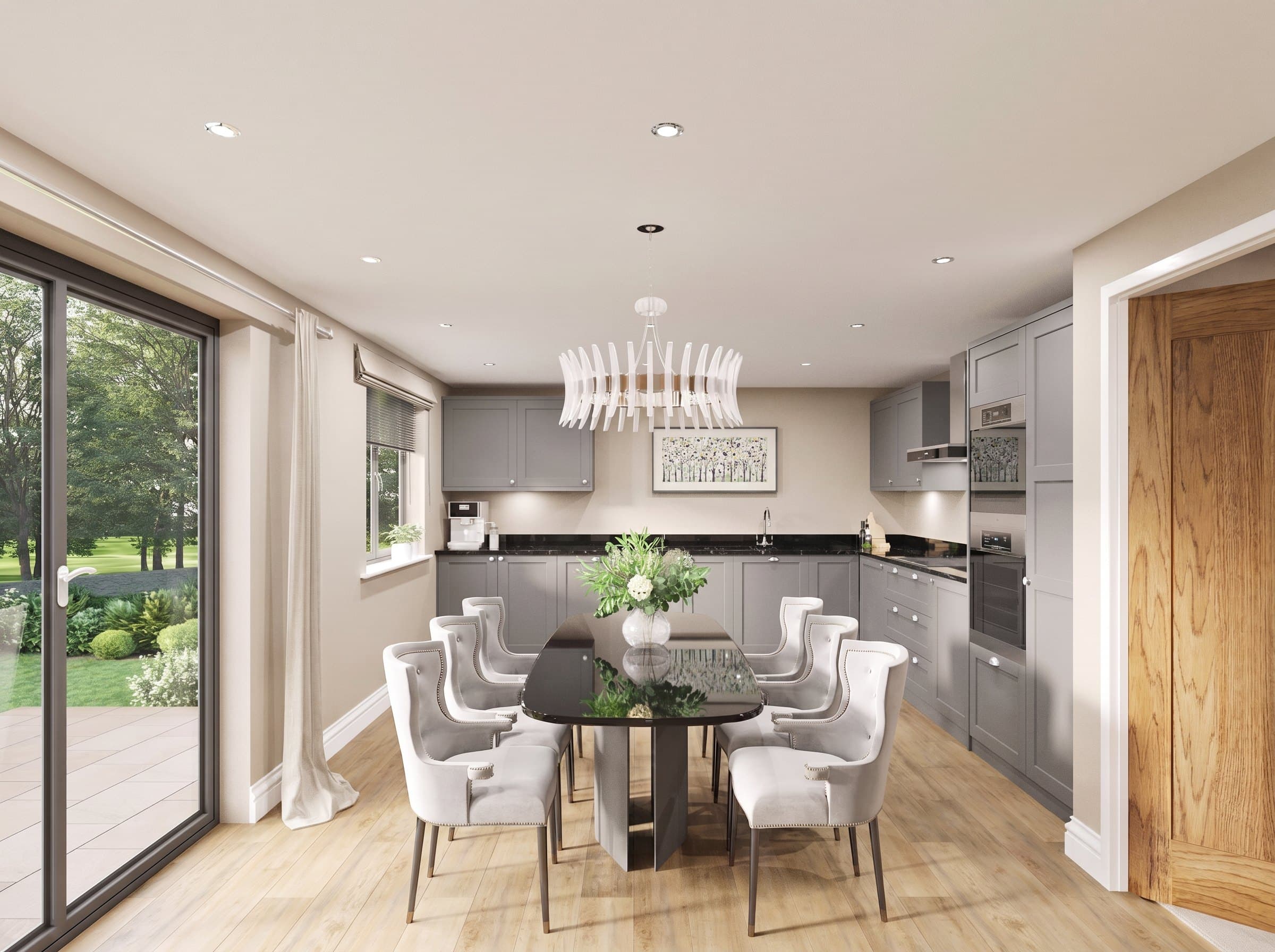 Open-plan kitchen and dining at Hackthorpe — grey shaker cabinetry, dark stone worktops and a dining table beside full-height sliding doors to the garden