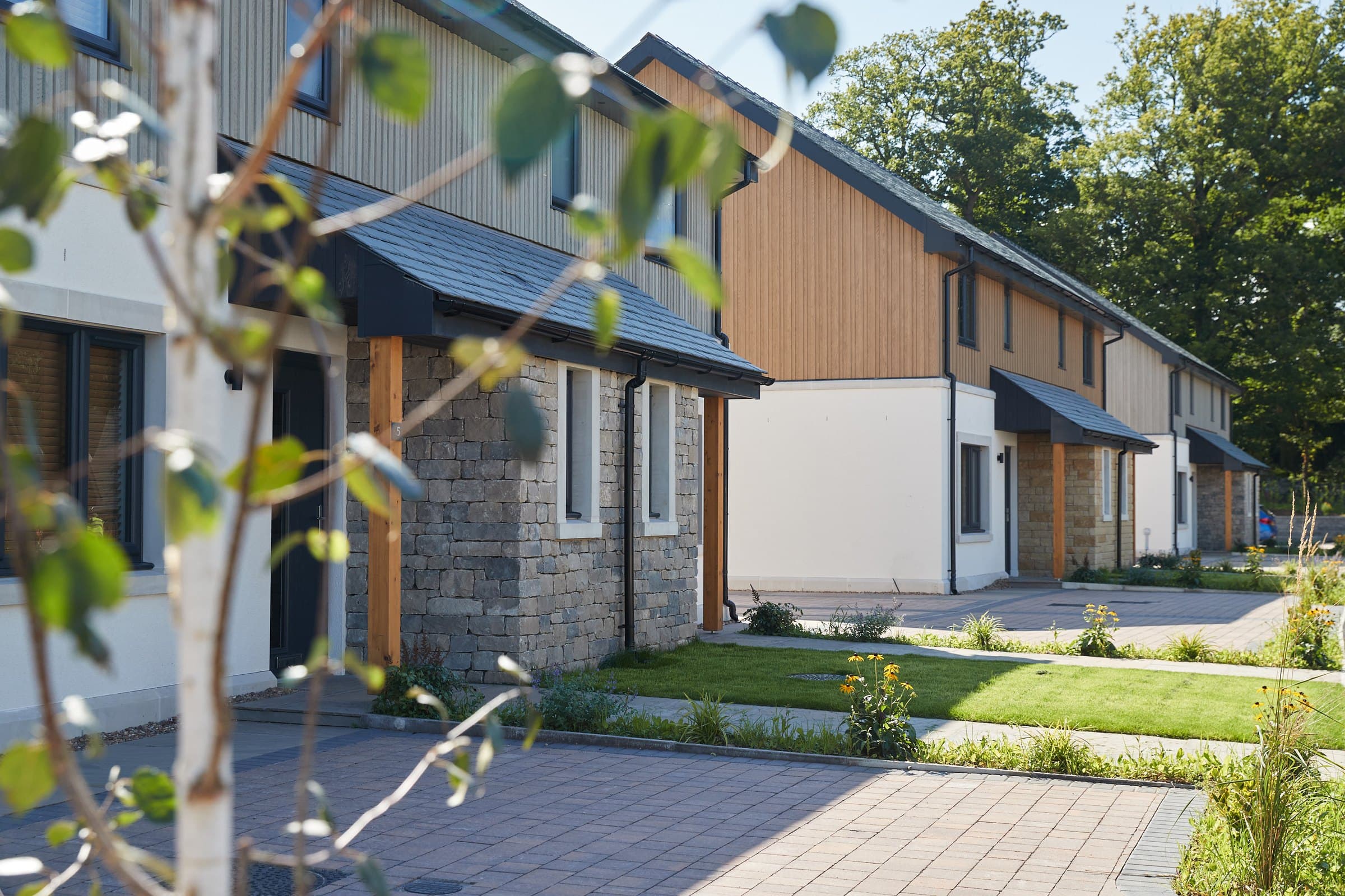 A street of completed Hackthorpe homes — stone porches on oak posts, timber cladding and white render, seen through a young birch