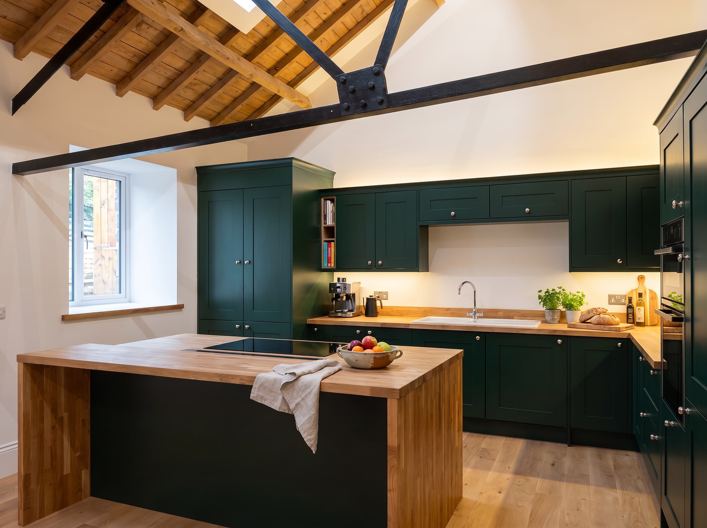Open-plan kitchen beneath exposed steel-tie and timber trusses