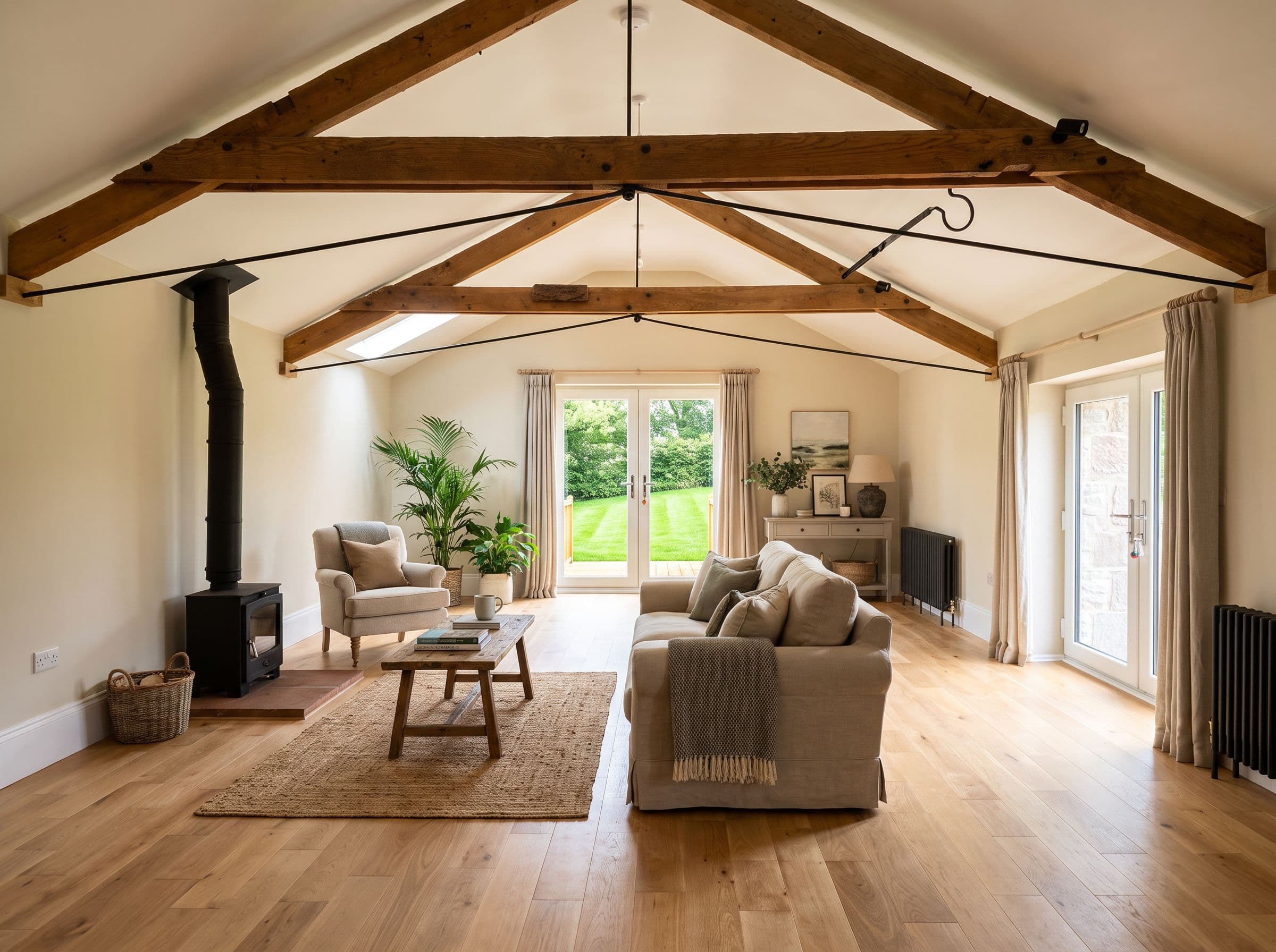 A vaulted sitting room with exposed oak trusses, log burner and doors to the garden