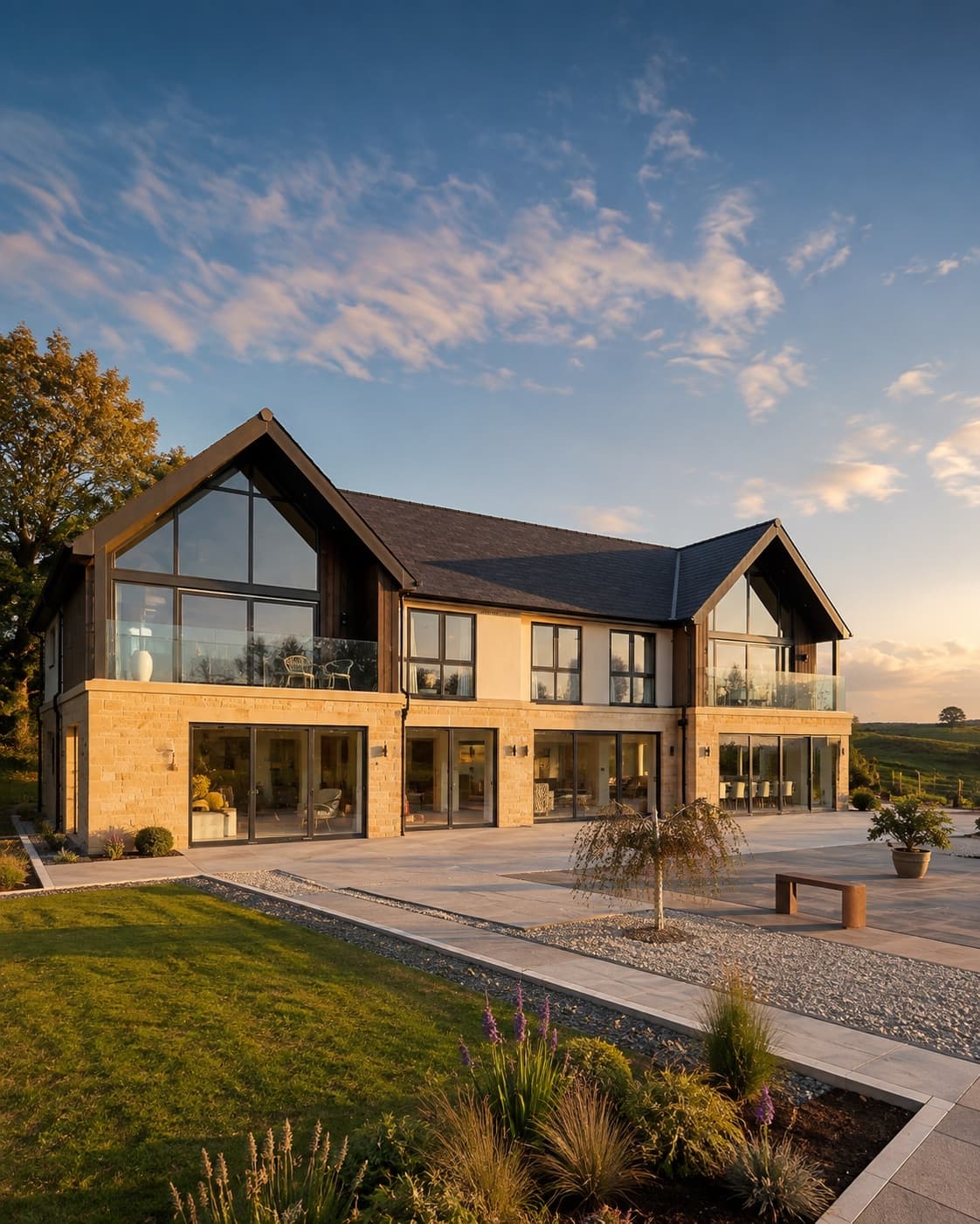 A contemporary Kiln Heights home in golden evening light — glazed gables, stone and timber above a landscaped terrace