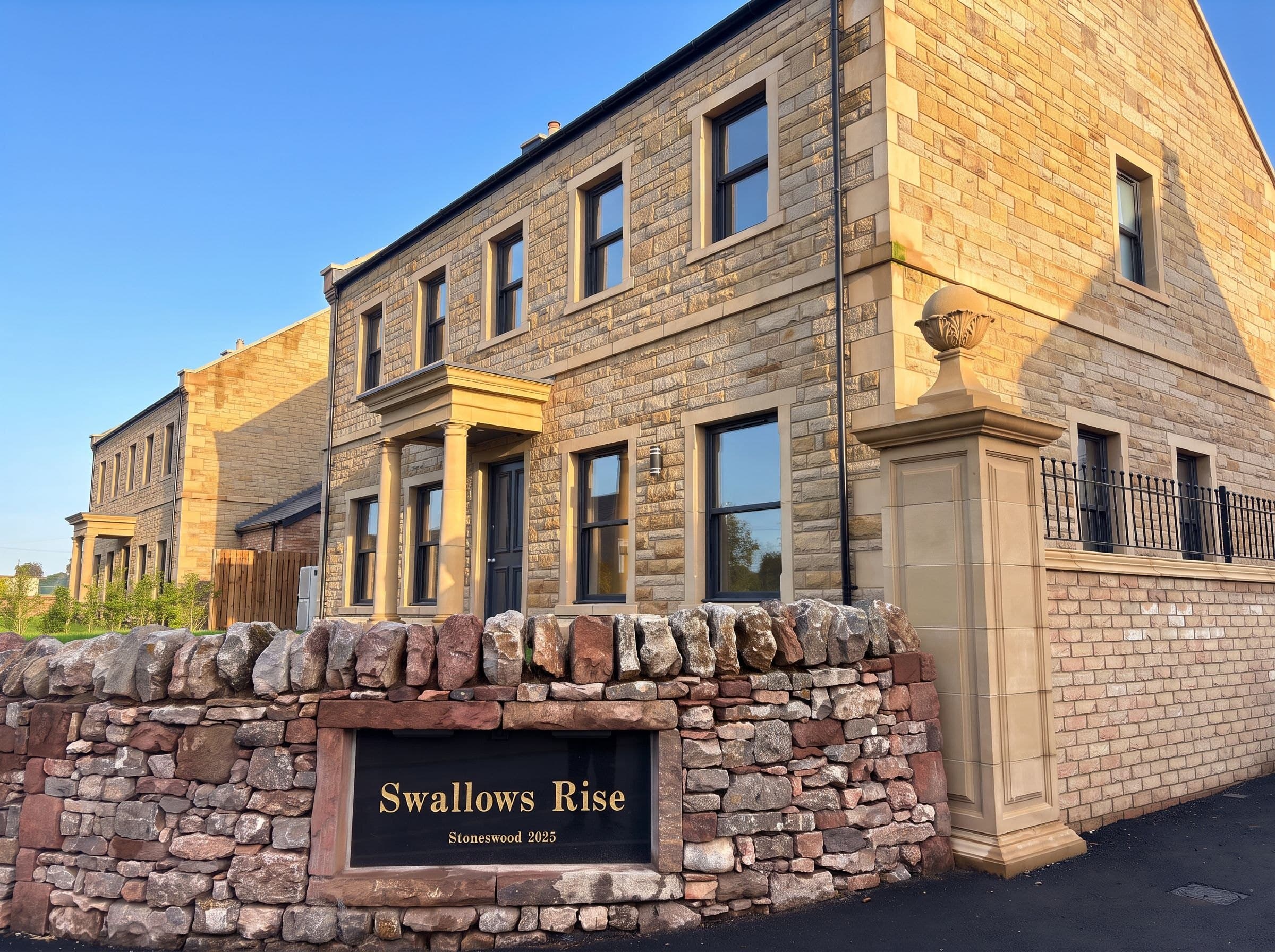 Sunlit sandstone homes at the Swallows Rise entrance, behind a dry-stone wall bearing the development name plaque