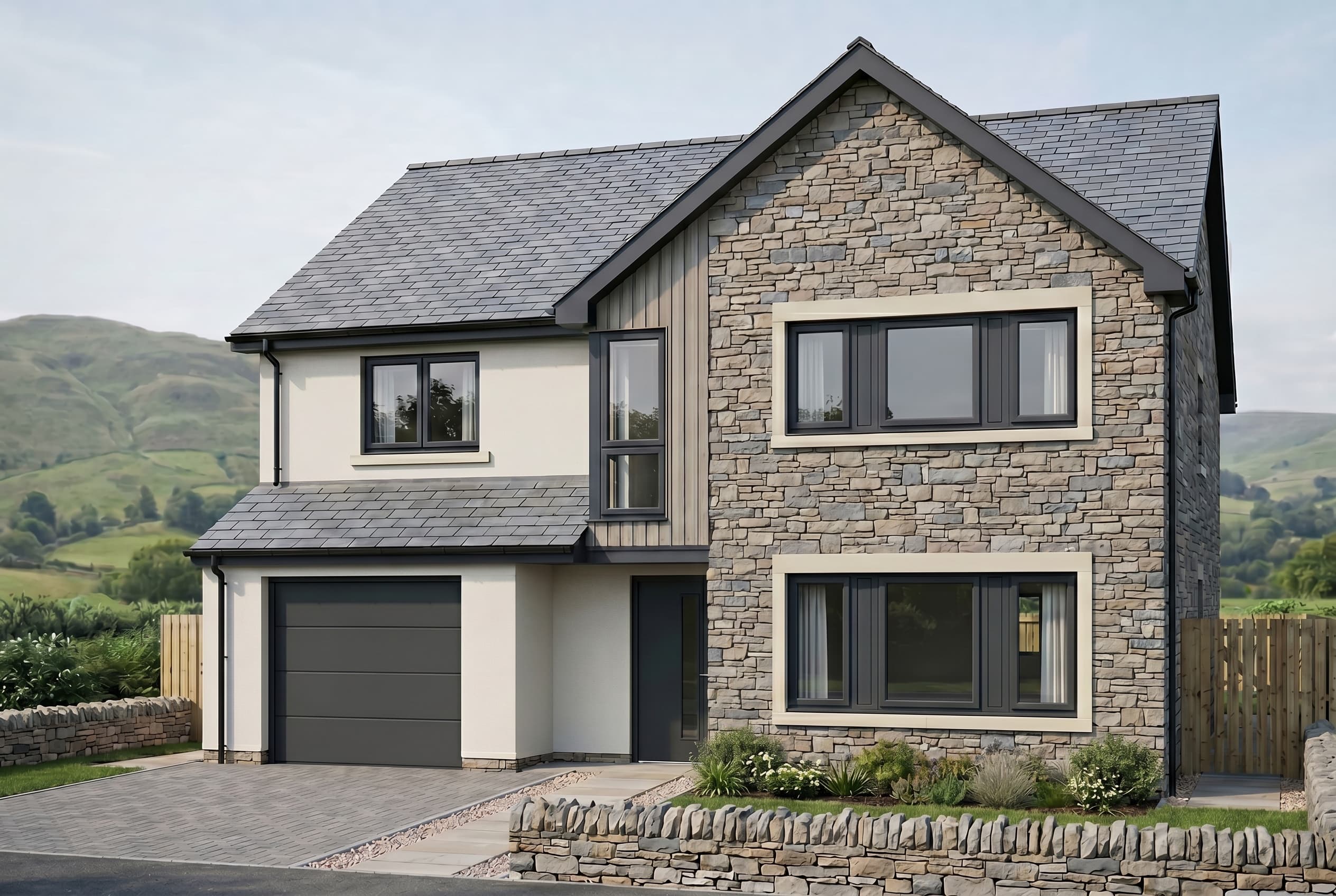Front elevation of a Kendal Parks home in coursed Lakeland limestone under a natural slate roof, with crisp anthracite detailing
