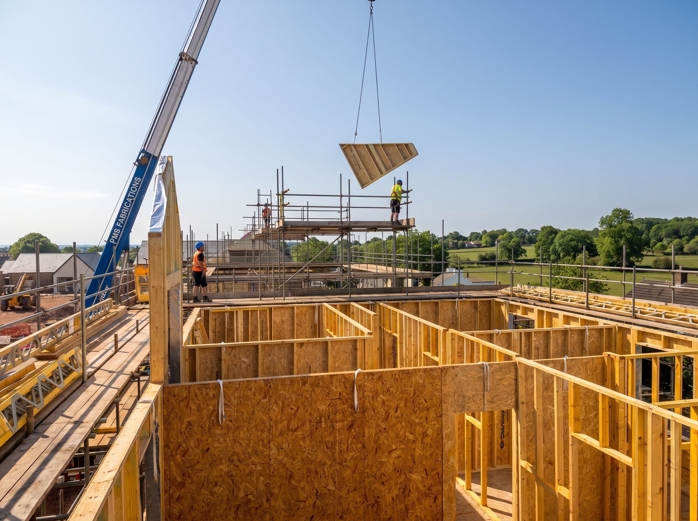 A timber frame taking shape on a Stoneswood site — a crane lowers a roof panel to the team as the fields stretch out beyond