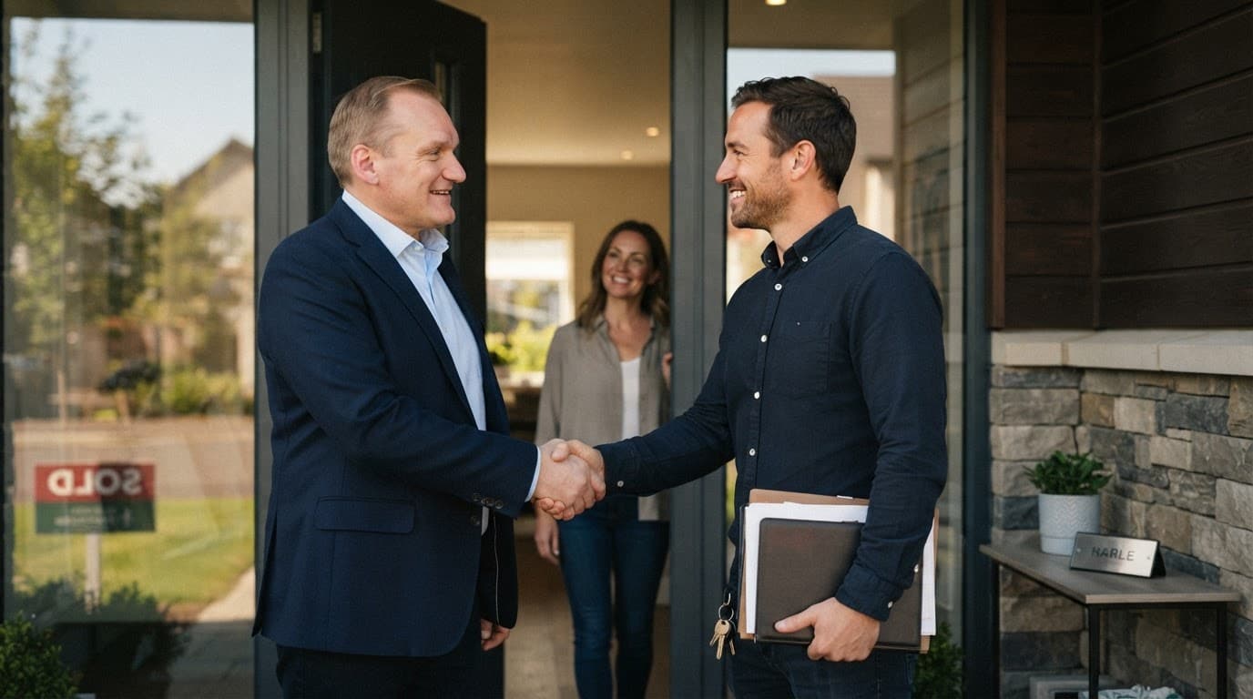 A Stoneswood buyer shakes hands with a member of the team on the doorstep of their completed home, keys and paperwork in hand