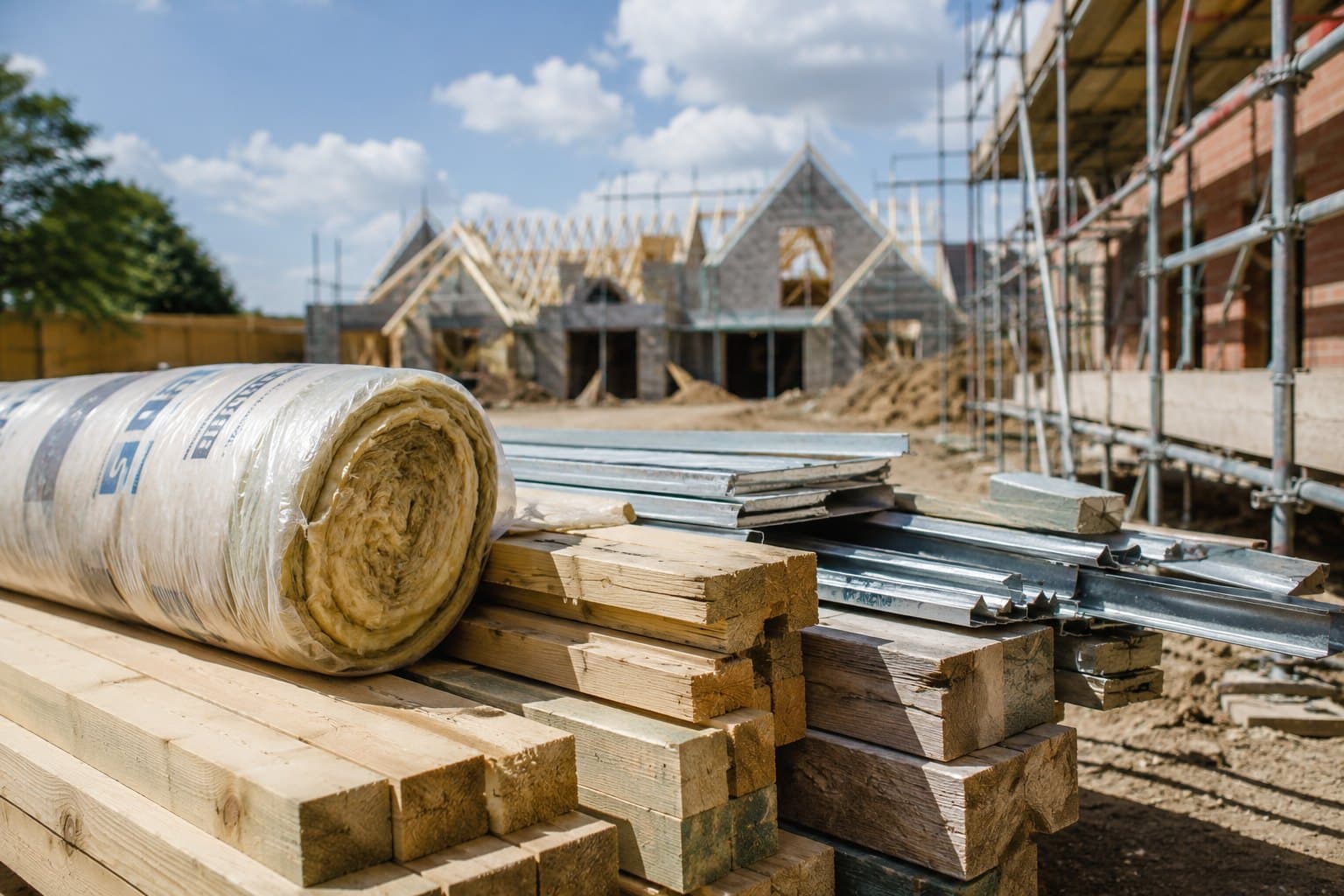 Timber, insulation and steel stacked ready on a Stoneswood site, with stone gables and roof trusses rising behind