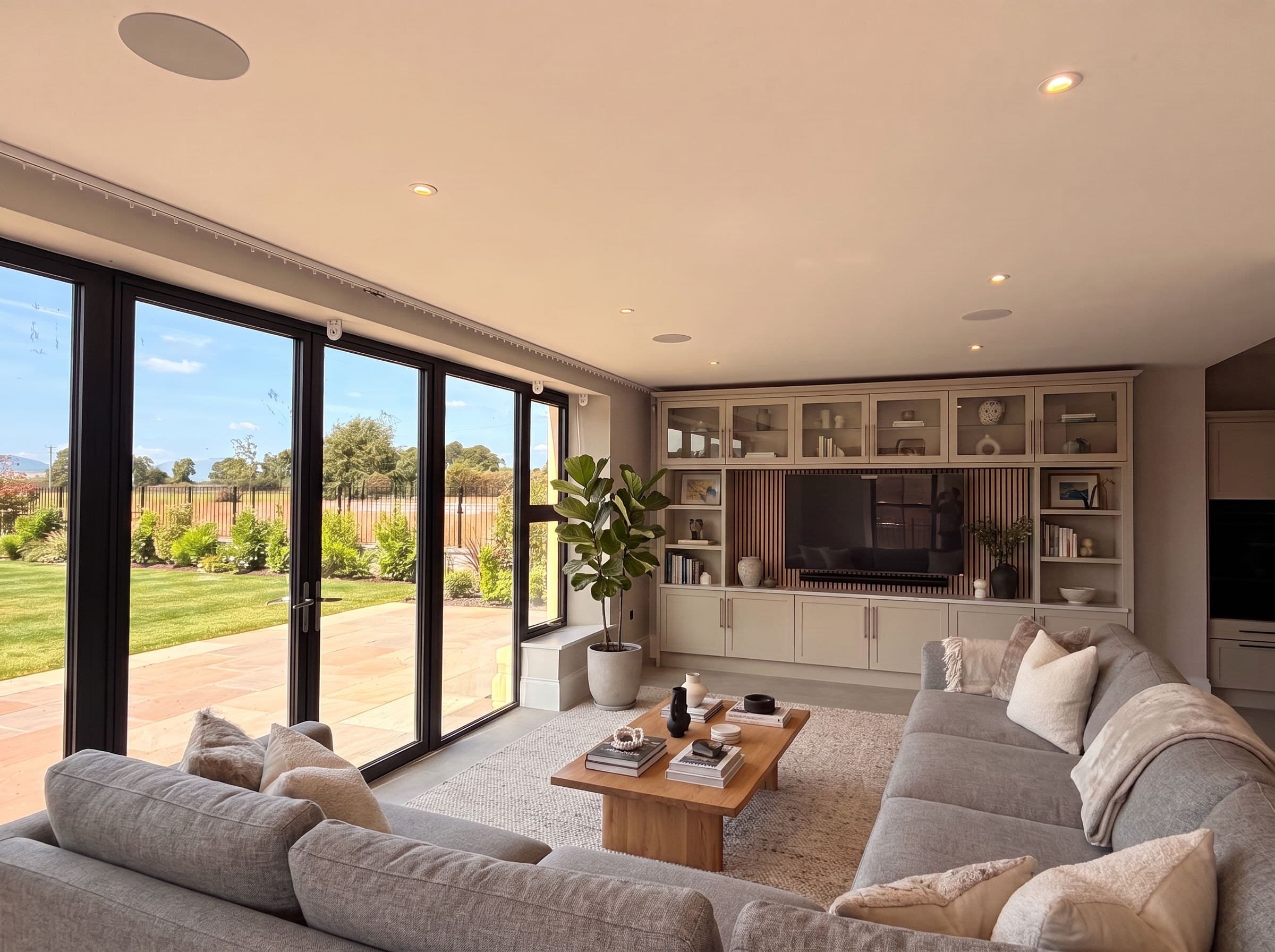 A furnished living room at Swallows Rise — corner sofa and oak coffee table facing the built-in media wall, with bifold doors opening onto the patio and lawn